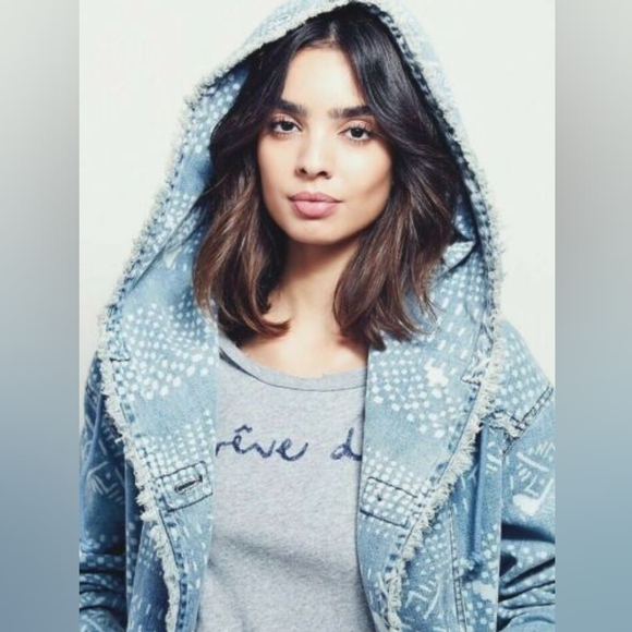 Free People Chambray Hooded Jacket Oversized Denim Coat XS - Picture 3 of 6